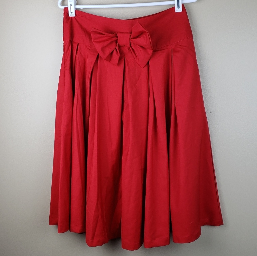 &AVE Red Midi Skirt with Pleats & Bow, Size M